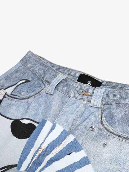 Denim Wide Leg Jeans with Dalmatian Print and Studs, Distressed Design for Streetwear Fashion 