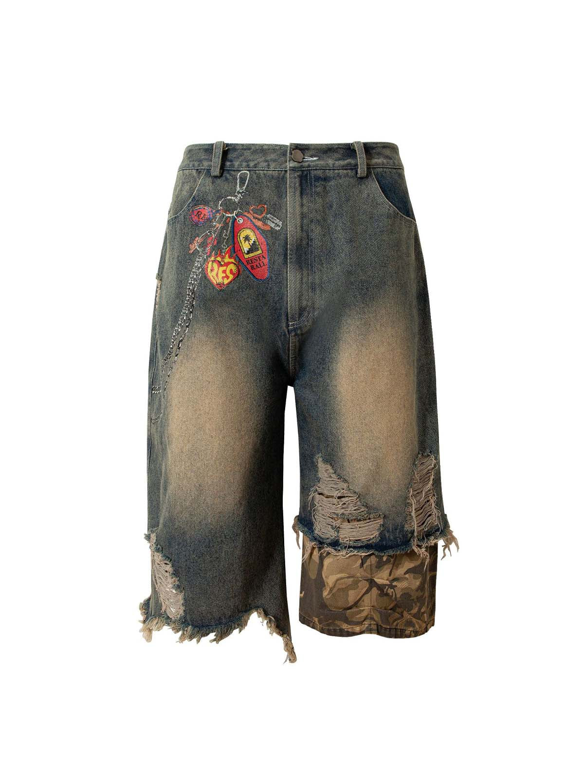 Camouflage Washed Ripped Baggy Jorts