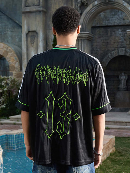 Supermade Color-Blocked V-Neck Embroidered Jersey Short-Sleeved 