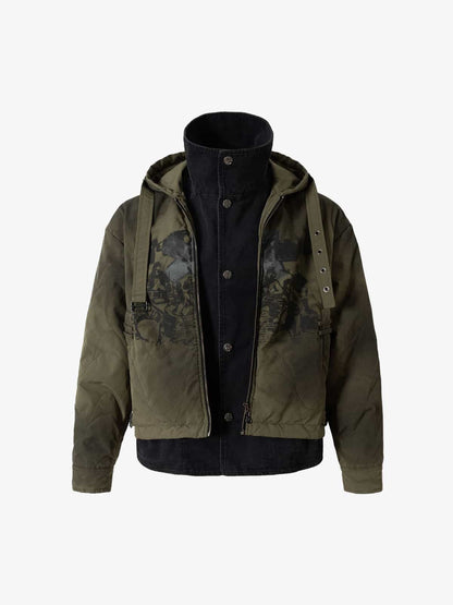 Camouflage Print Quilted Jacket with Detachable Hood for Men 