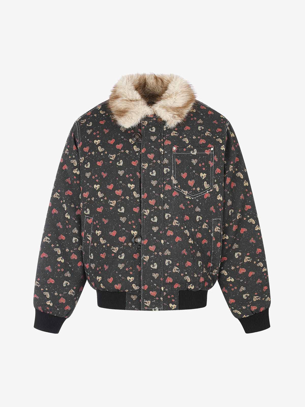 Heart Graphic Faux-Fur Collar Denim Padded Coat