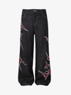 Denim Wide Leg Pants with Red Embroidery Design for Women Fashion Streetwear 