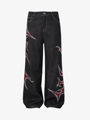 Denim Wide Leg Pants with Red Embroidery Design for Women Fashion Streetwear 