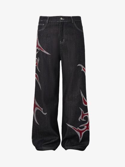 Denim Wide Leg Pants with Red Embroidery Design for Women Fashion Streetwear 