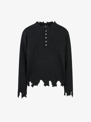 Distressed Ribbed Henley Sweater for Casual Elegance 