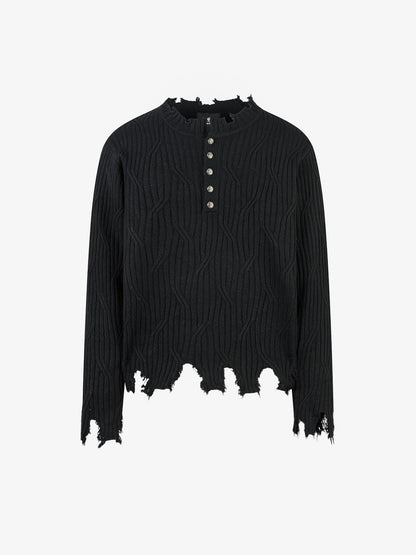 Distressed Ribbed Henley Sweater for Casual Elegance 