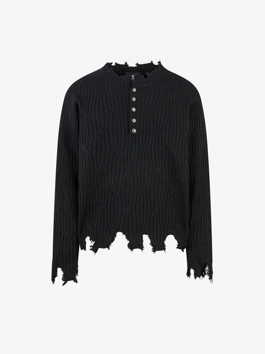 Distressed Ribbed Henley Sweater for Casual Elegance 