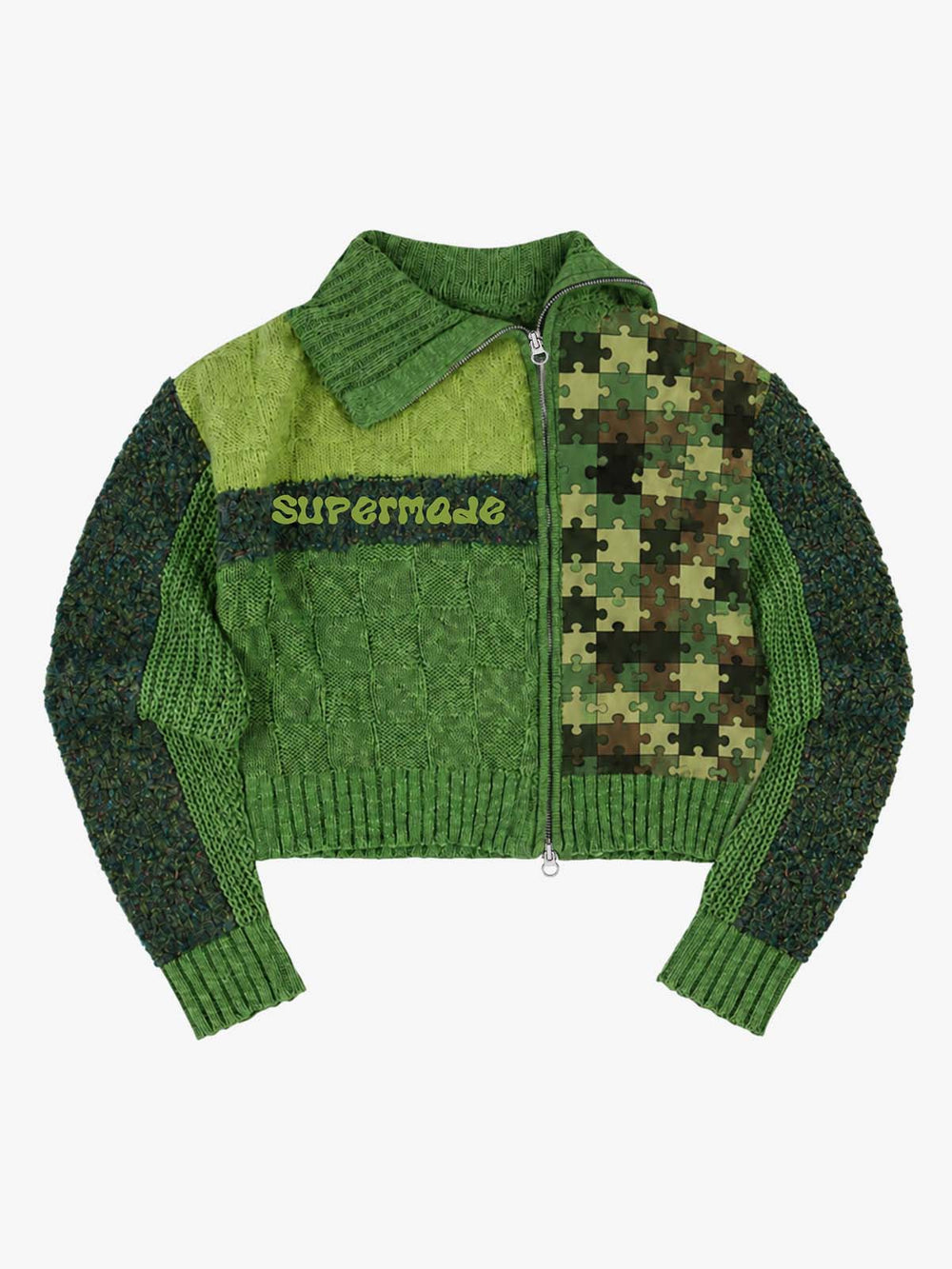 Camo Patchwork Cropped Zip Knit Sweater