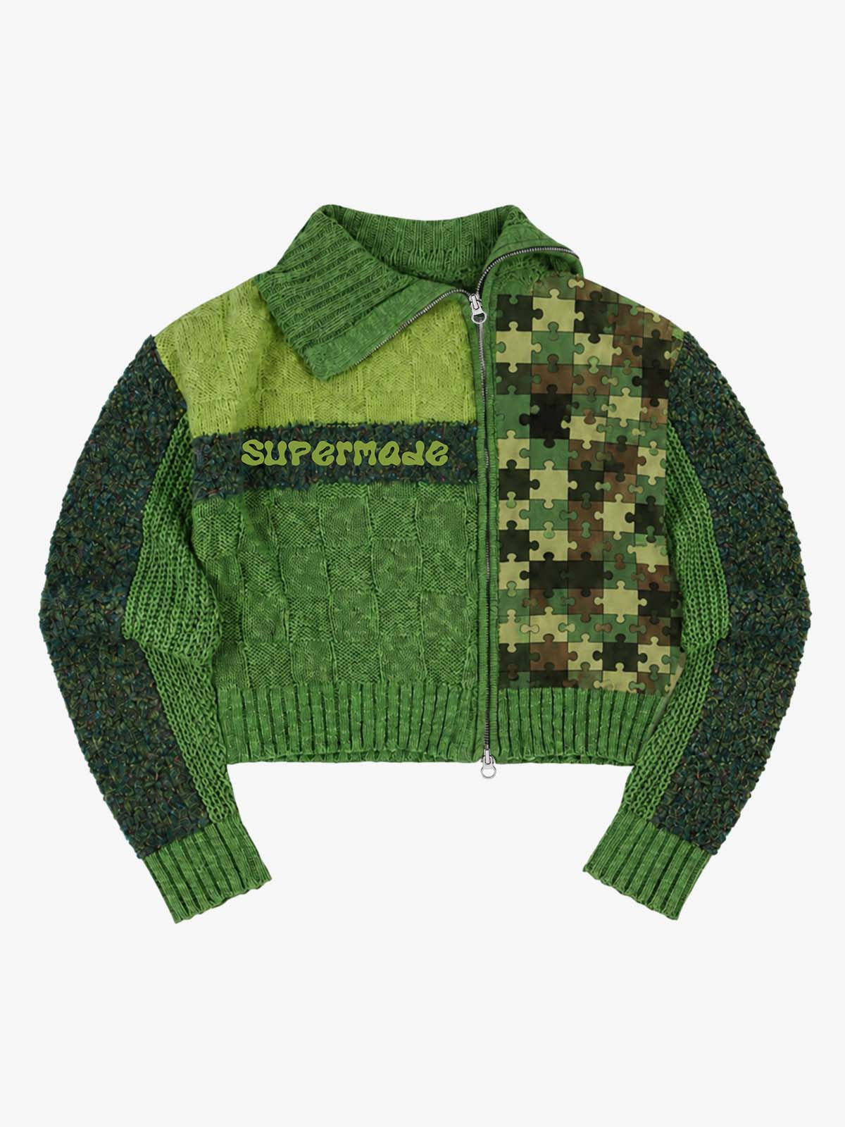 Camo Patchwork Cropped Zip Knit Sweater