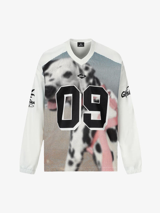 Retro Football Jersey with Long Sleeves and Distressed Design 