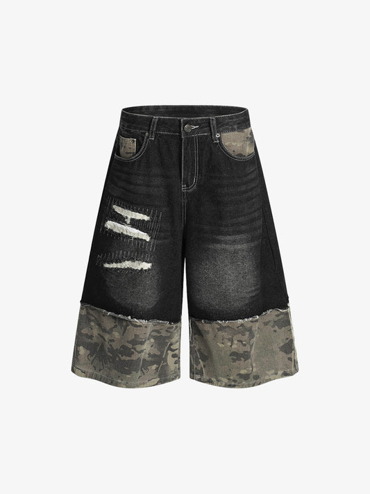 Camouflage Hem Patchwork Denim Shorts 