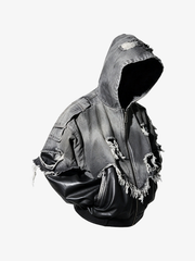 Distressed Patchwork Hooded Bomber Jacket