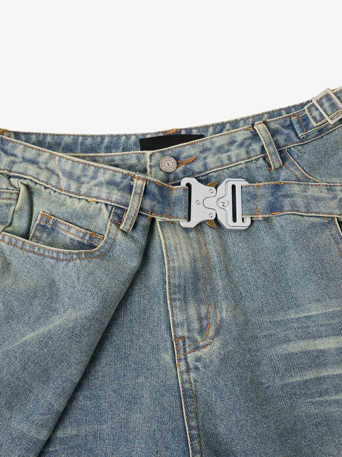 Tactical Buckle Washed Denim Shorts 