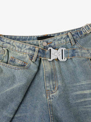 Tactical Buckle Washed Denim Shorts 
