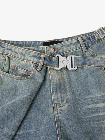 Shorts aus gewaschenem Denim mit taktischer Schnalle