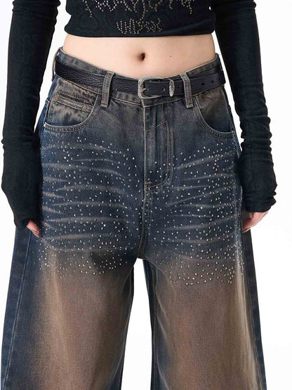 Gradient Wash Wide-Leg Jeans with Rhinestone Accents 