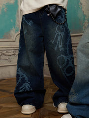 Original Retro Thorn and Key Pattern Laser-Burnout Baggy Jeans - 2595 