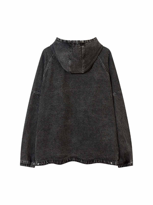 Washed Distressed Metal Zipper Hooded Denim Sweatshirt 