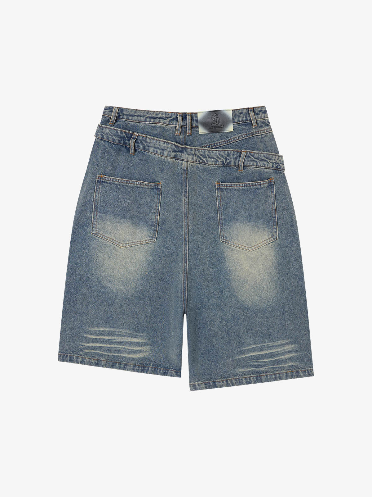 Double Waistband Ripped Denim Shorts 