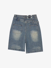 Double Waistband Ripped Denim Shorts 