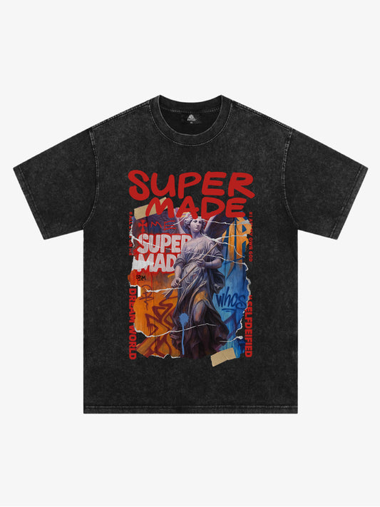 Cotton Blend SUPERMADE Sculpture Sraffiti Sticker Pattern T-Shirt 