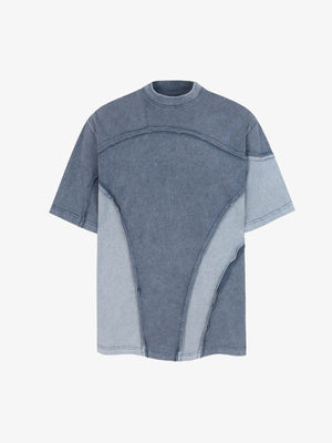 Cotton Blend Oversized Panel T-Shirt with Asymmetric Design and Contrast Stitching 
