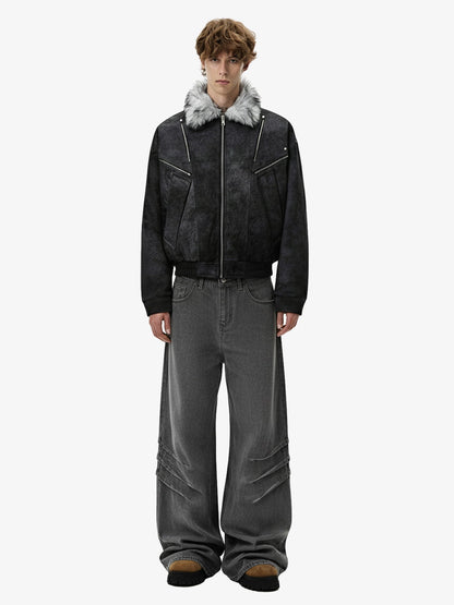 Washed Pleated Baggy Jeans 