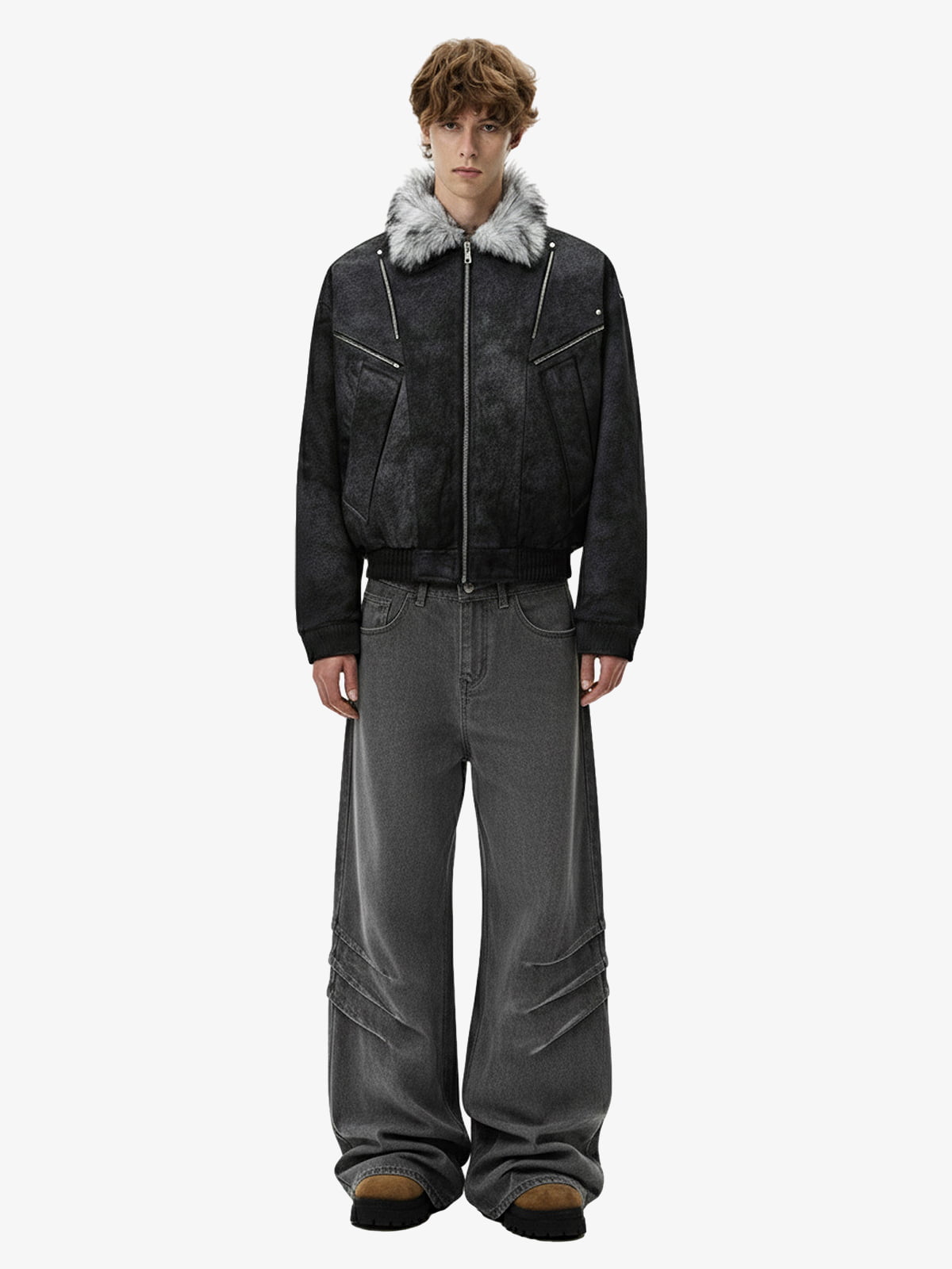 Fur Collar Moto-Style Zip Up Bomber Jacket 