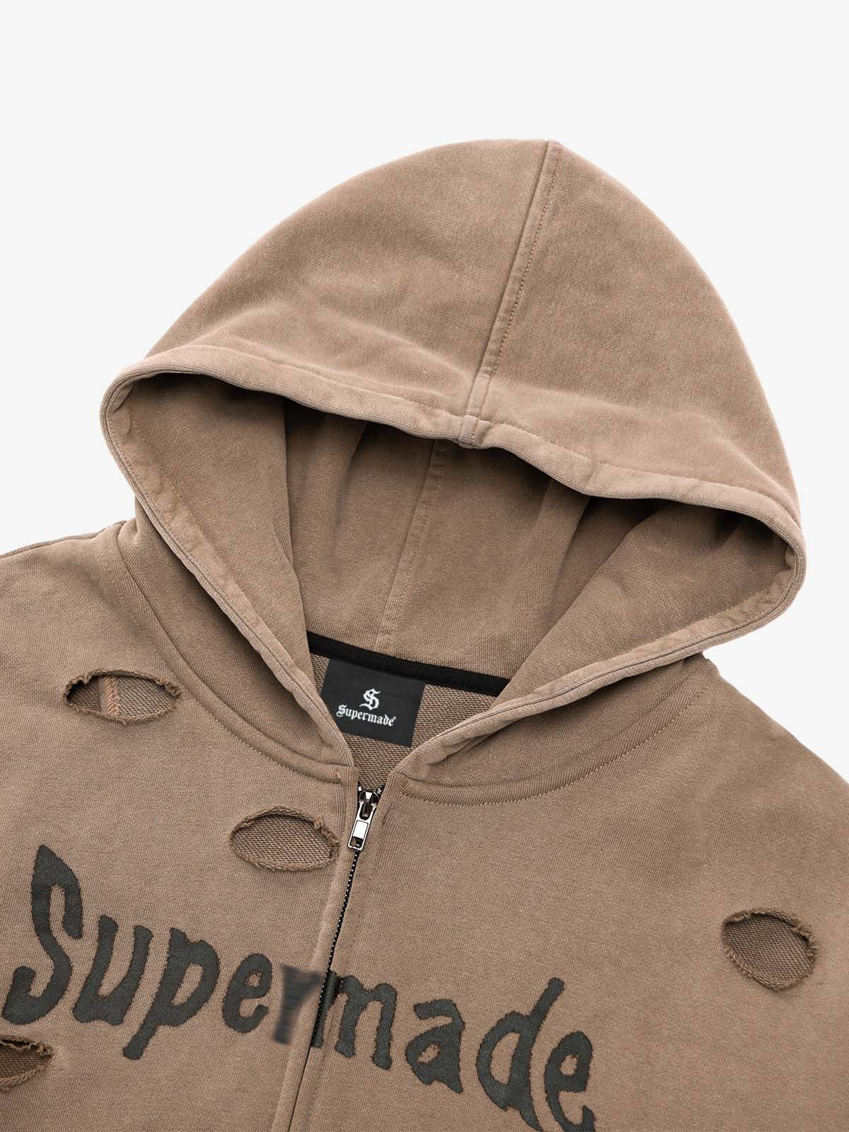 Original Washed & Ripped Skull Cardigan Cotton Hoodie Set 