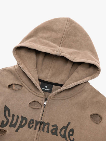 Original Washed & Ripped Skull Cardigan Cotton Hoodie Set 