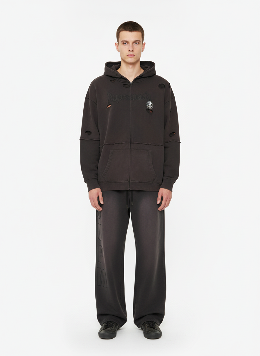 Original Washed & Ripped Skull Cardigan Cotton Hoodie Set 