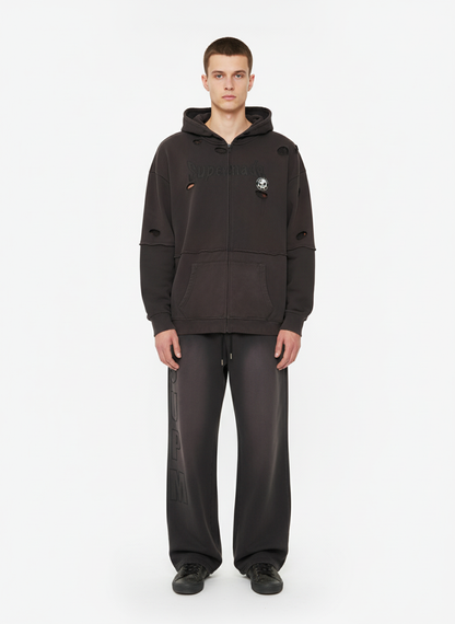 Original Washed & Ripped Skull Cardigan Cotton Hoodie Set 