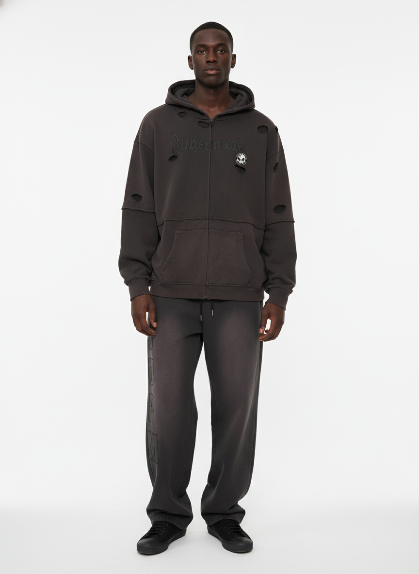 Original Washed & Ripped Skull Cardigan Cotton Hoodie Set 