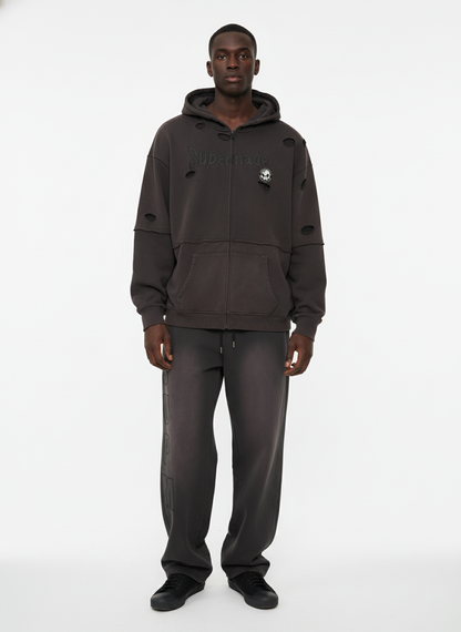 Original Washed & Ripped Skull Cardigan Cotton Hoodie Set 