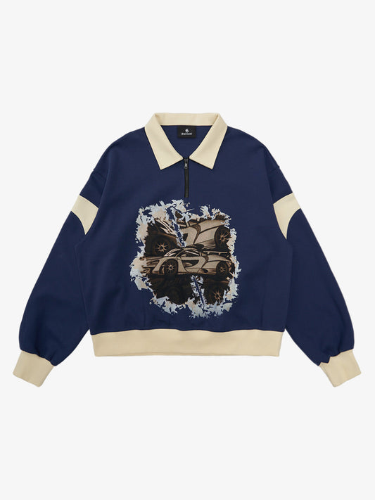 Original Racing Style Print Lapel Sweatshirt 