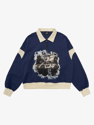 Original Racing Style Print Lapel Sweatshirt 