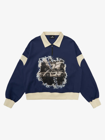 Original Racing Style Print Lapel Sweatshirt 