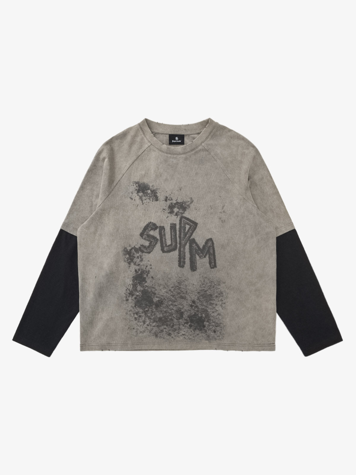 Washed Contrast Color Print Long Sleeve Cotton T-shirt 