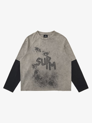 Washed Contrast Color Print Long Sleeve Cotton T-shirt 