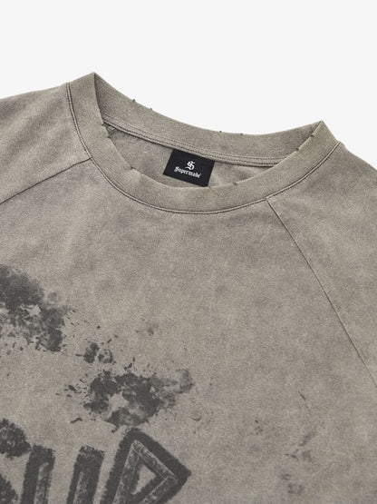 Washed Contrast Color Print Long Sleeve Cotton T-shirt 