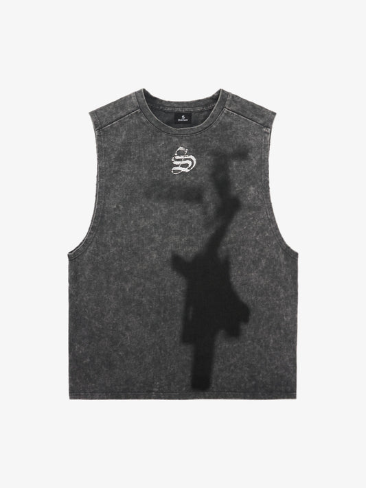 Cross-Print Distressed Washed Vest 
