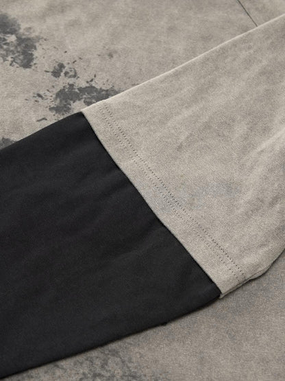 Washed Contrast Color Print Long Sleeve Cotton T-shirt 