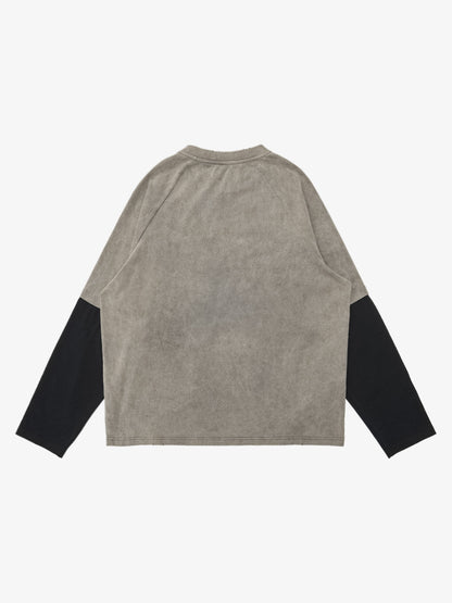 Washed Contrast Color Print Long Sleeve Cotton T-shirt 