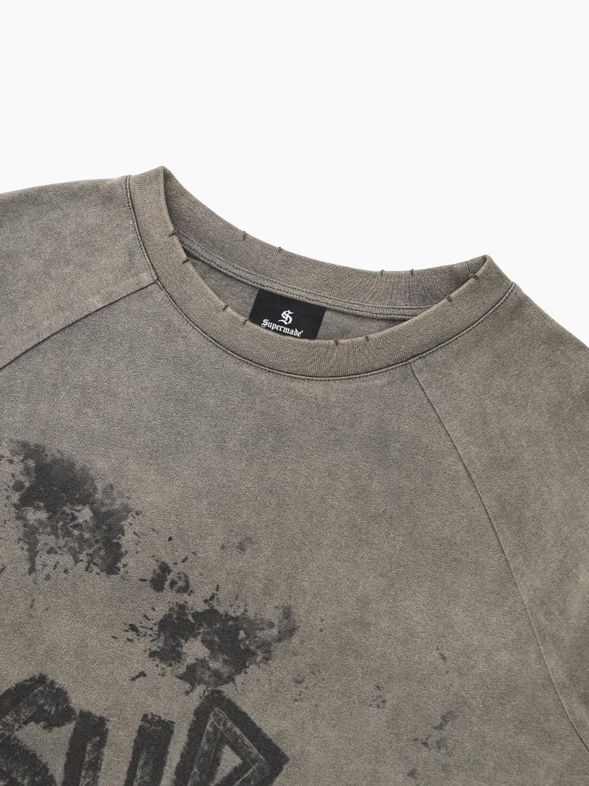 Washed Contrast Color Print Long Sleeve Cotton T-shirt 