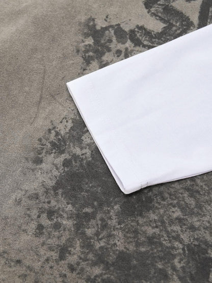 Washed Contrast Color Print Long Sleeve Cotton T-shirt 