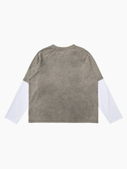 Washed Contrast Color Print Long Sleeve Cotton T-shirt 