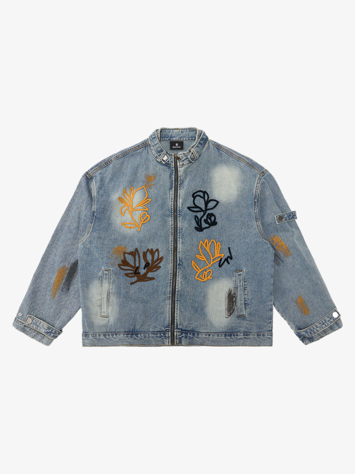 Retro Street Floral Embroidery Washed Zipper Denim Jacket 