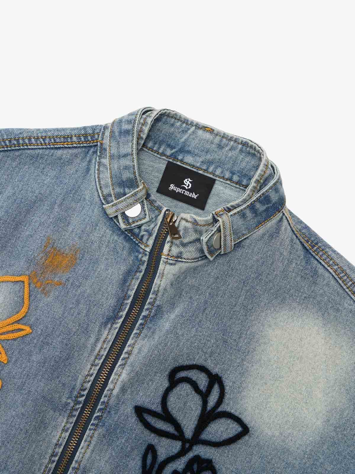 Retro Street Floral Embroidery Washed Zipper Denim Jacket 