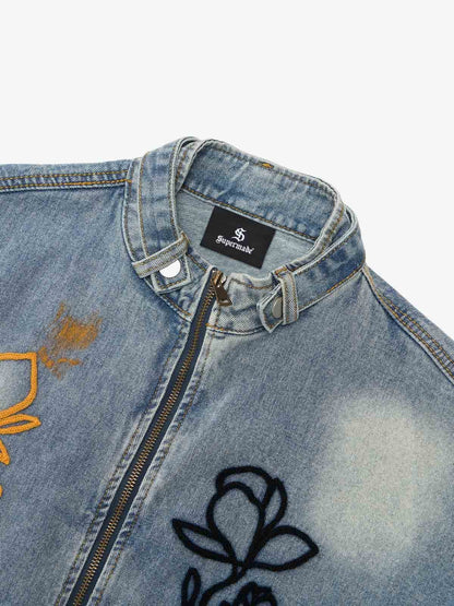 Retro Street Floral Embroidery Washed Zipper Denim Jacket 