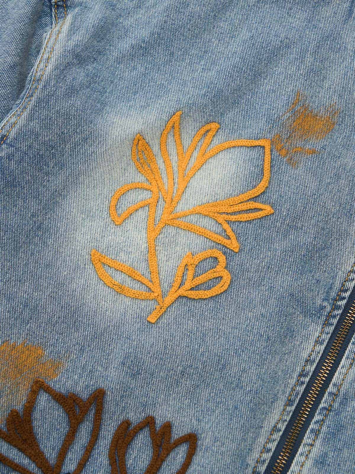 Retro Street Floral Embroidery Washed Zipper Denim Jacket 